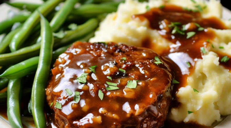 salisbury steak with mashed potatoes and green beans